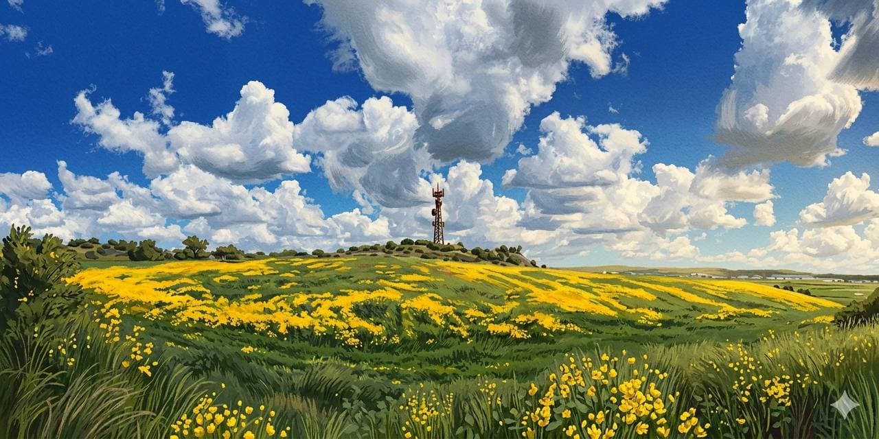 Painted field with broadcast tower